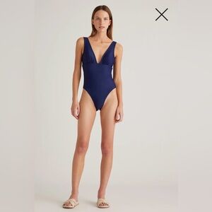 Quince Italian Plunge One-Piece Swimsuit Blue Size Medium
